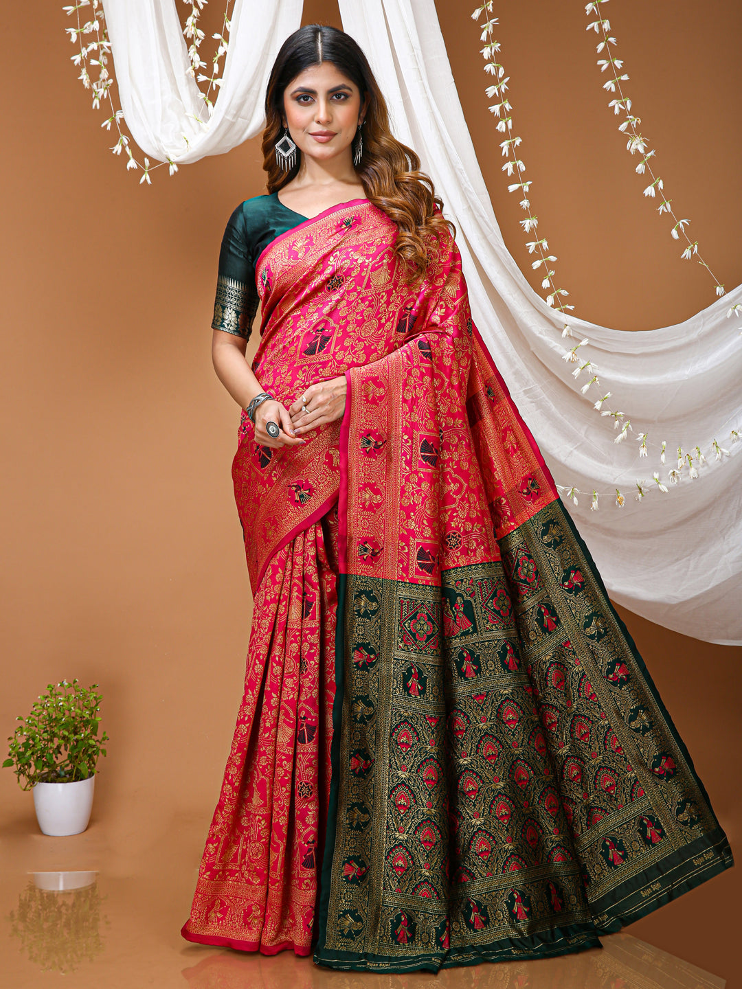 Pink Lichi Silk Jacquard Weaving Saree with Contrast Blouse