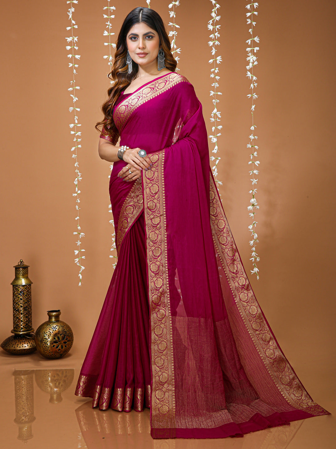 Pink Chinon Jacquard Saree with Matching Blouse