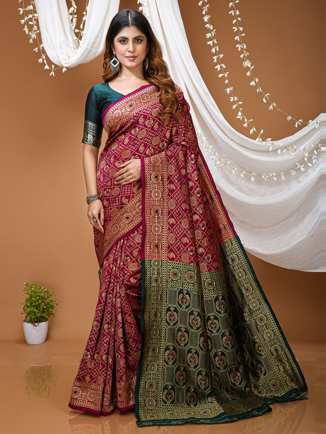 Magenta Soft Lichi Silk Saree with Rich Pallu & Jacquard Border