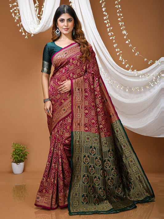 Magenta Soft Lichi Silk Saree with Rich Pallu & Jacquard Border