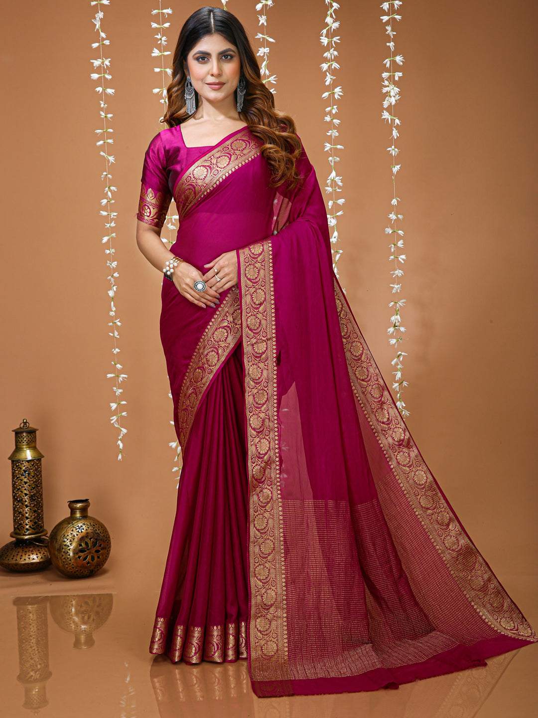 Pink Chinon Jacquard Saree with Matching Blouse
