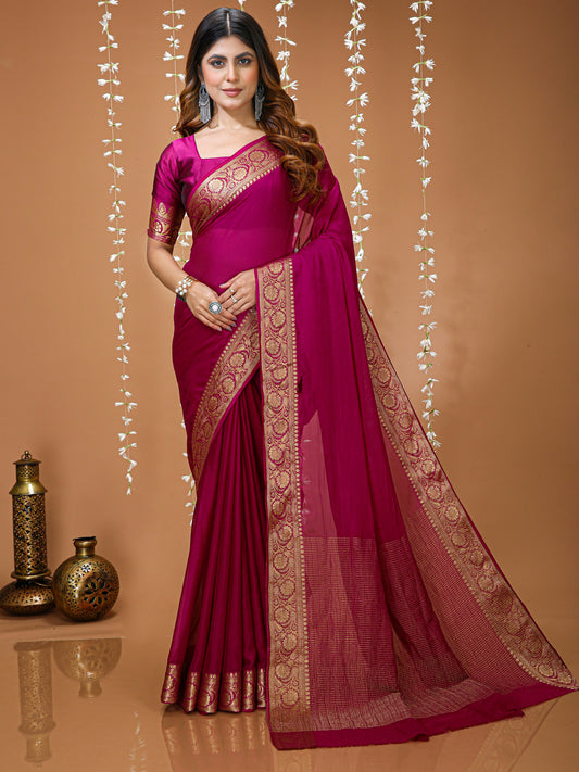 Pink Chinon Jacquard Saree with Matching Blouse