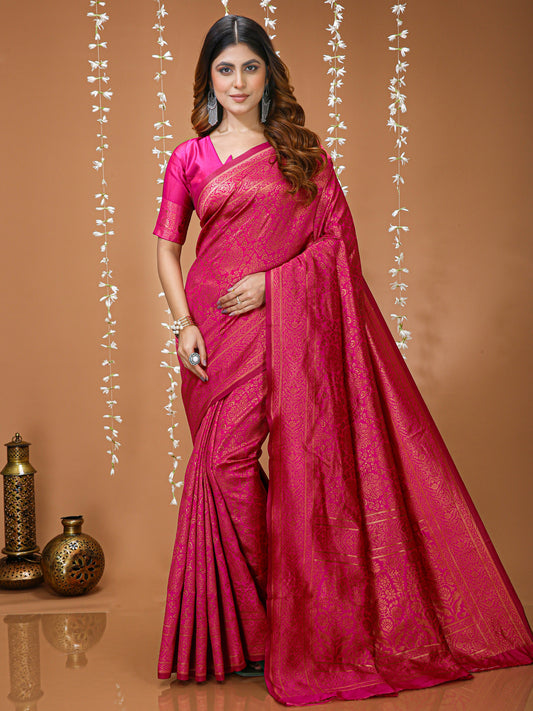 Pink Kanchipuram Lichi Silk Saree with Jacquard Border Blouse