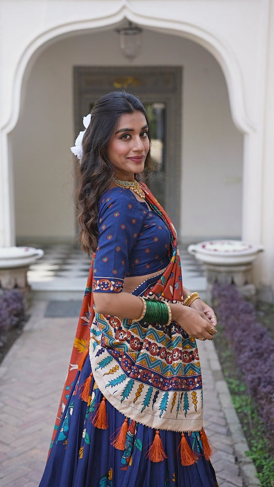 Floral Print Tusser Silk Foil Work Festive Lehenga Choli Set with Gotta Patti Dupatta