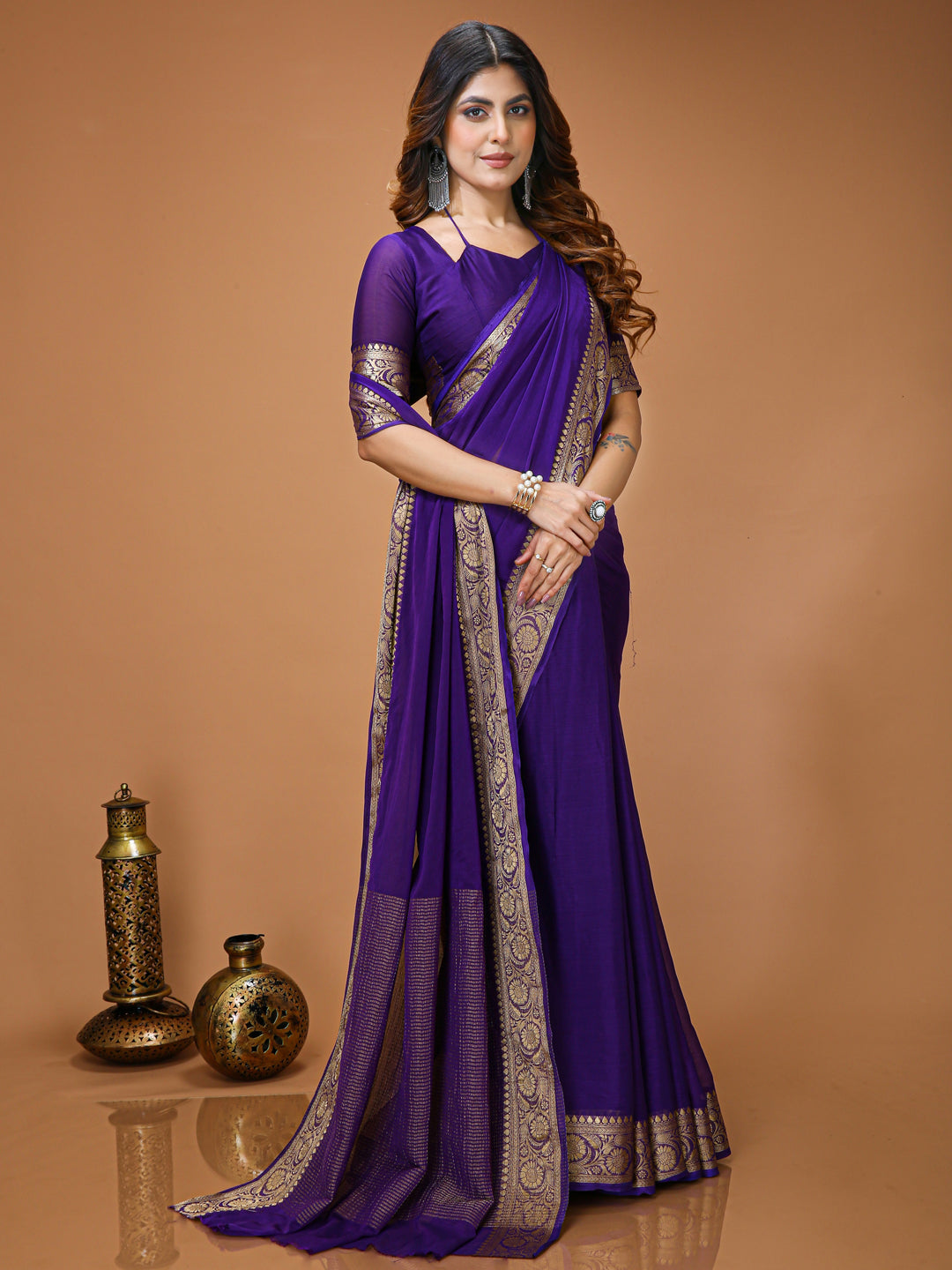 Purple Chinon Jacquard Saree with Matching Blouse