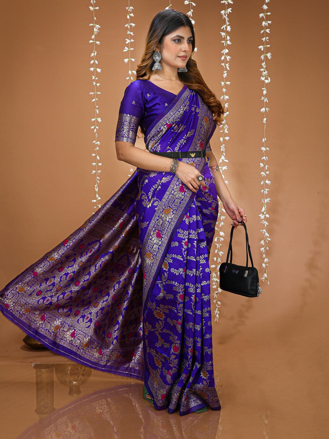 Purple Soft Lichi Silk  Saree with Rich Pallu & Jacquard Border
