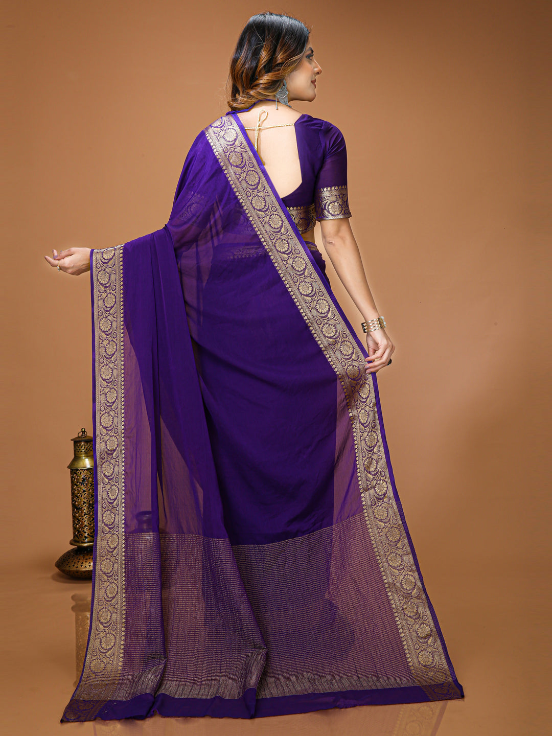 Purple Chinon Jacquard Saree with Matching Blouse