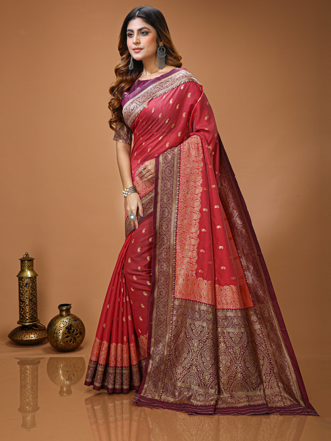 Red Lichi Silk Kanchipuram Saree with Rich Jacquard Border