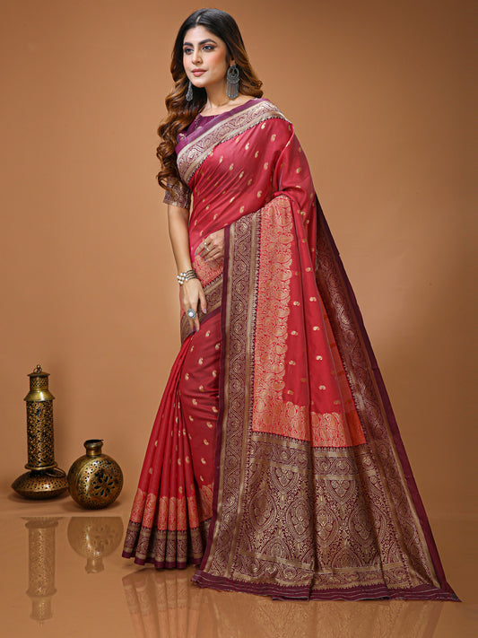 Red Lichi Silk Kanchipuram Saree with Rich Jacquard Border