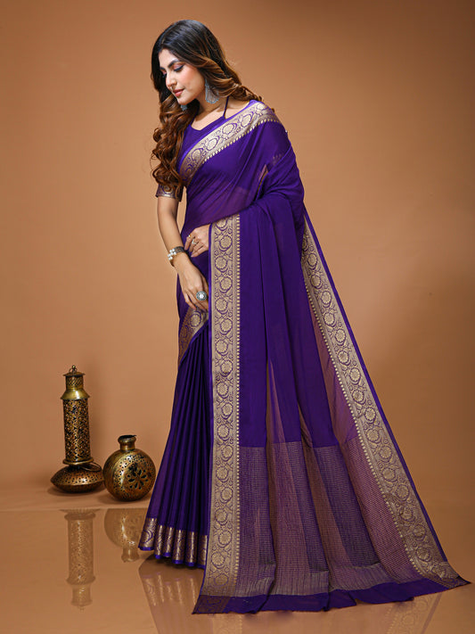 Purple Chinon Jacquard Saree with Matching Blouse