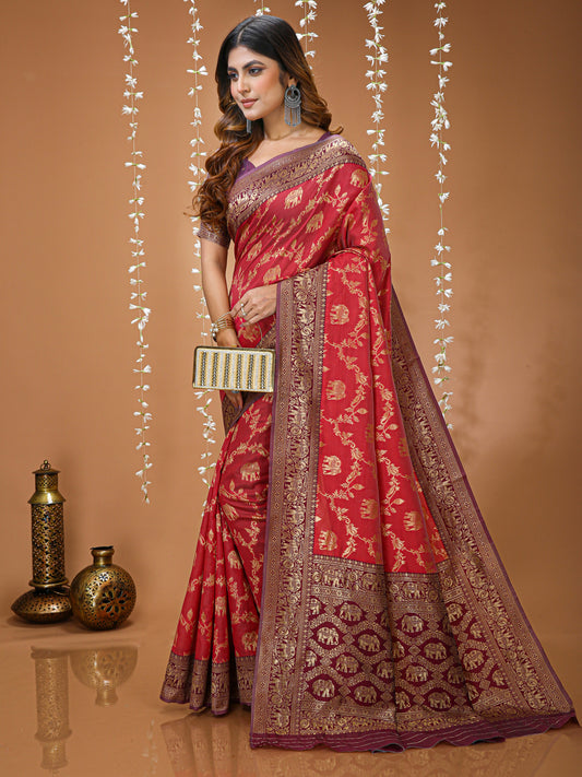 Red Soft Lichi Silk Kanchipuram Jacquard Saree