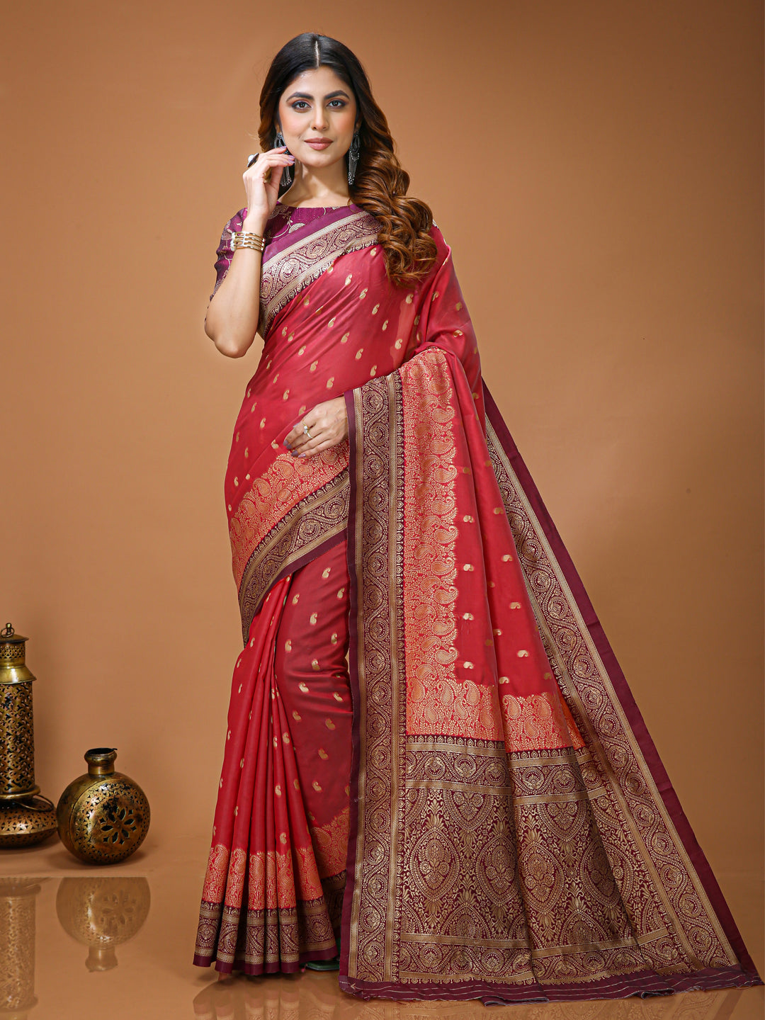 Red Lichi Silk Kanchipuram Saree with Rich Jacquard Border