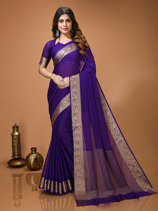 Purple Chinon Jacquard Saree with Matching Blouse
