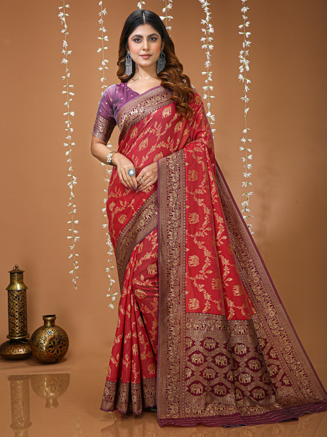 Red Soft Lichi Silk Kanchipuram Jacquard Saree