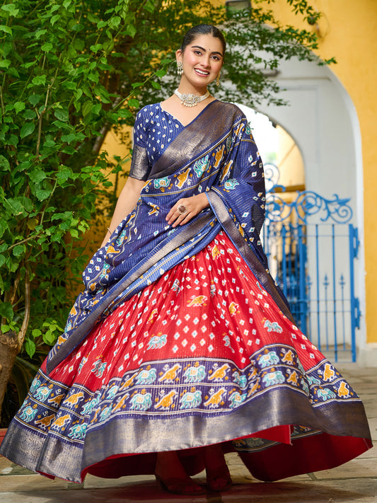 Red Lichi Silk Jacquard Lehenga Choli with Zari Lining & Traditional Print