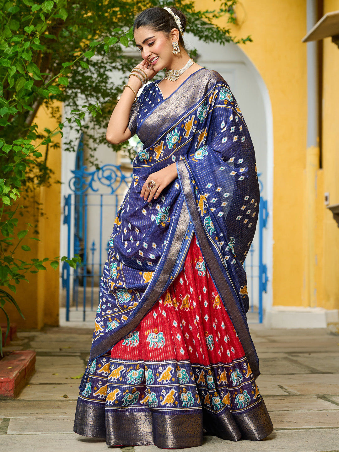 Red Lichi Silk Jacquard Lehenga Choli with Zari Lining & Traditional Print