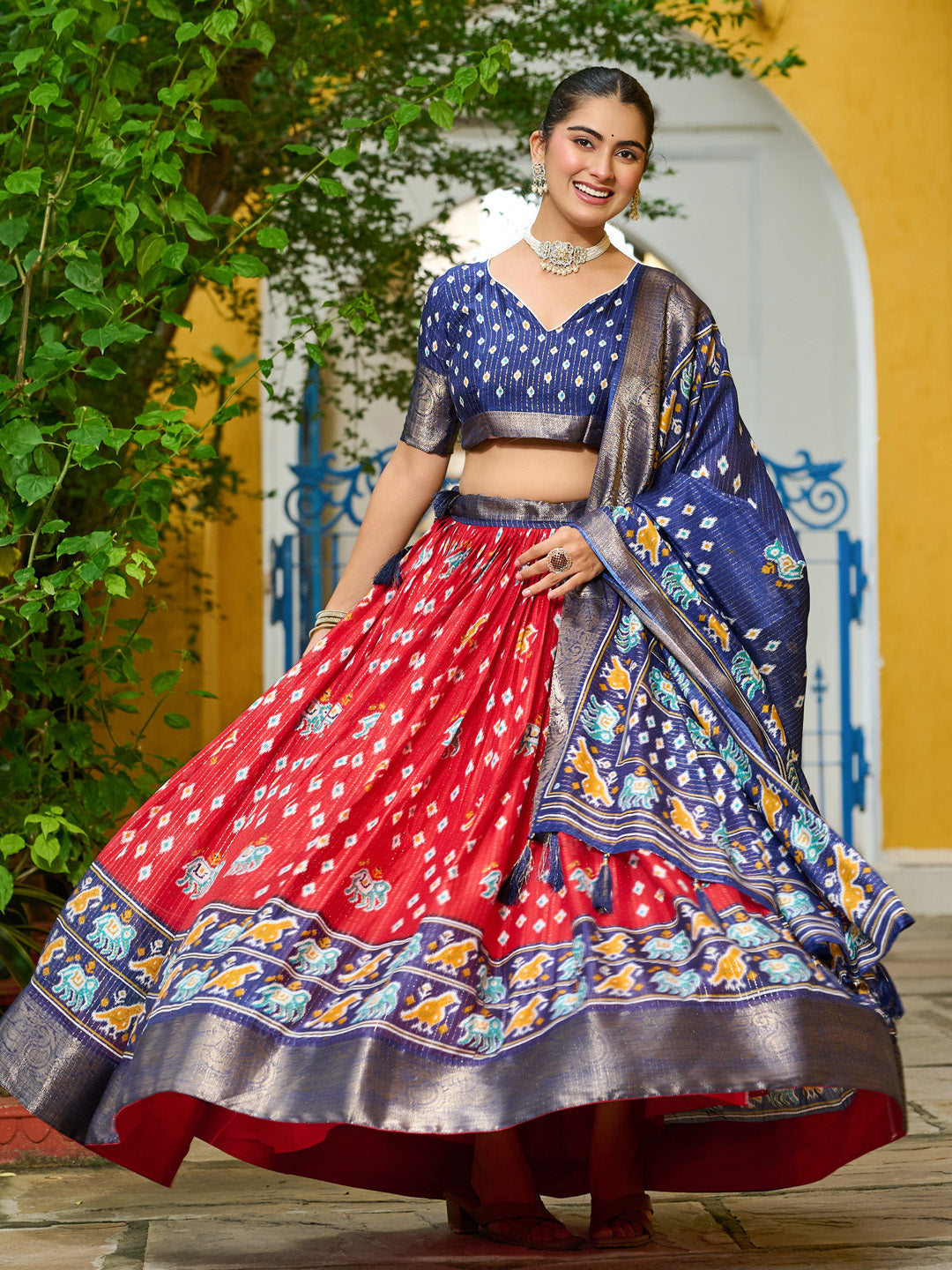 Red Lichi Silk Jacquard Lehenga Choli with Zari Lining & Traditional Print