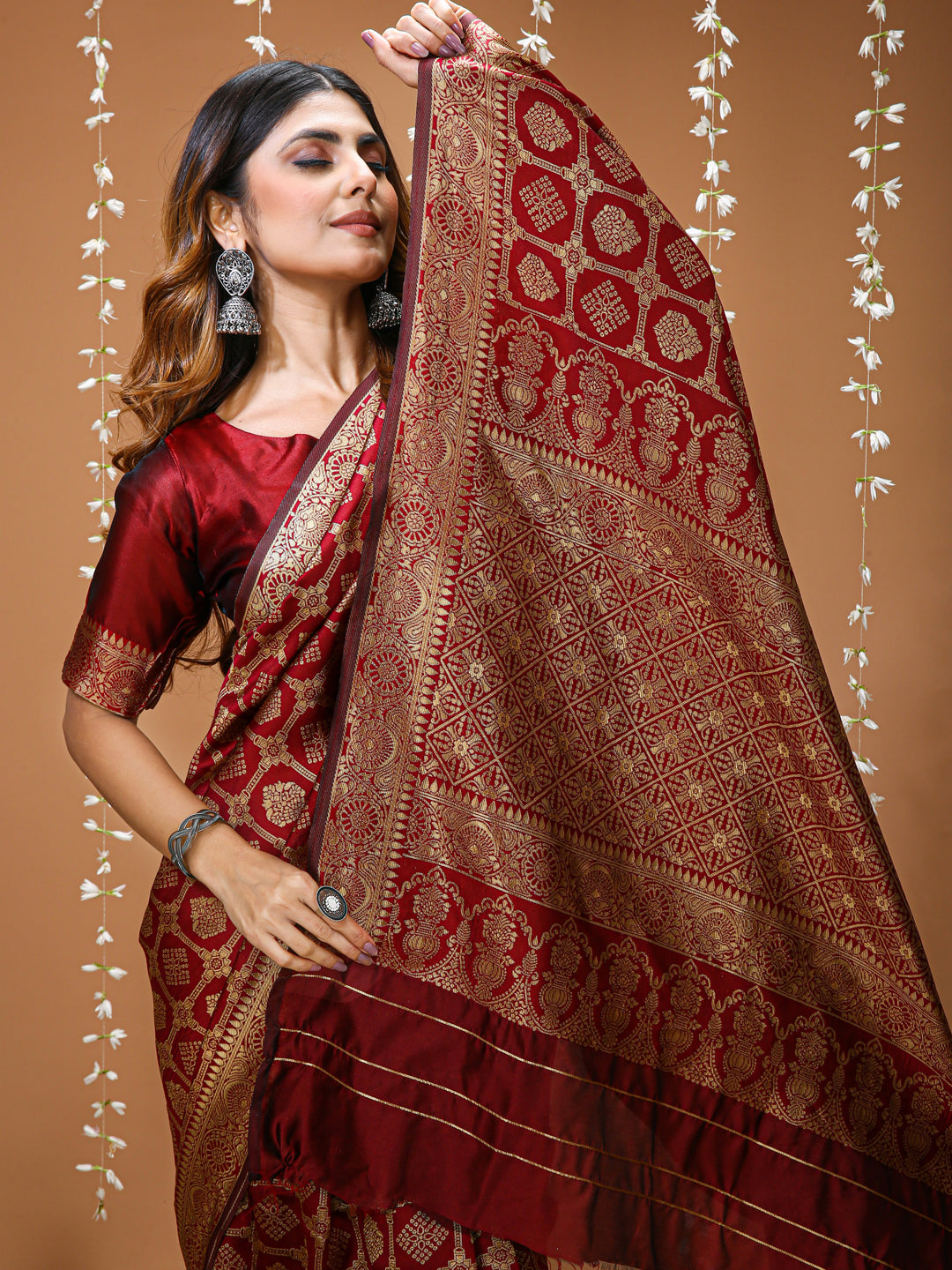 Maroon Lichi Silk Saree with Rich Jacquard Pallu