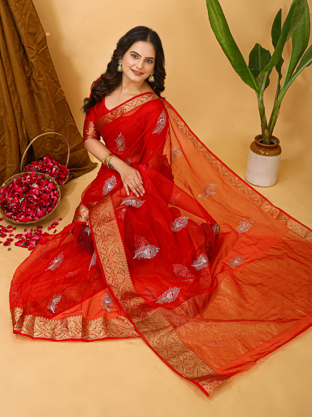 Red Organza Multi-Sequence Saree with Raw Silk Blouse