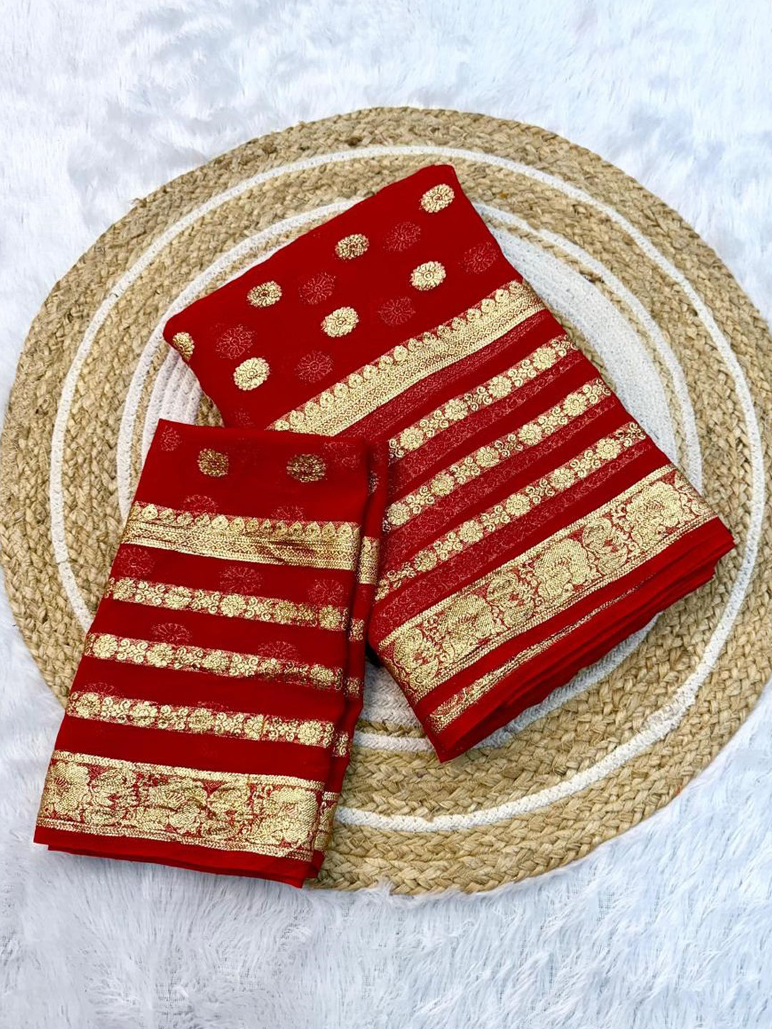 Red Viscose Georgette Saree with Jacquard Border