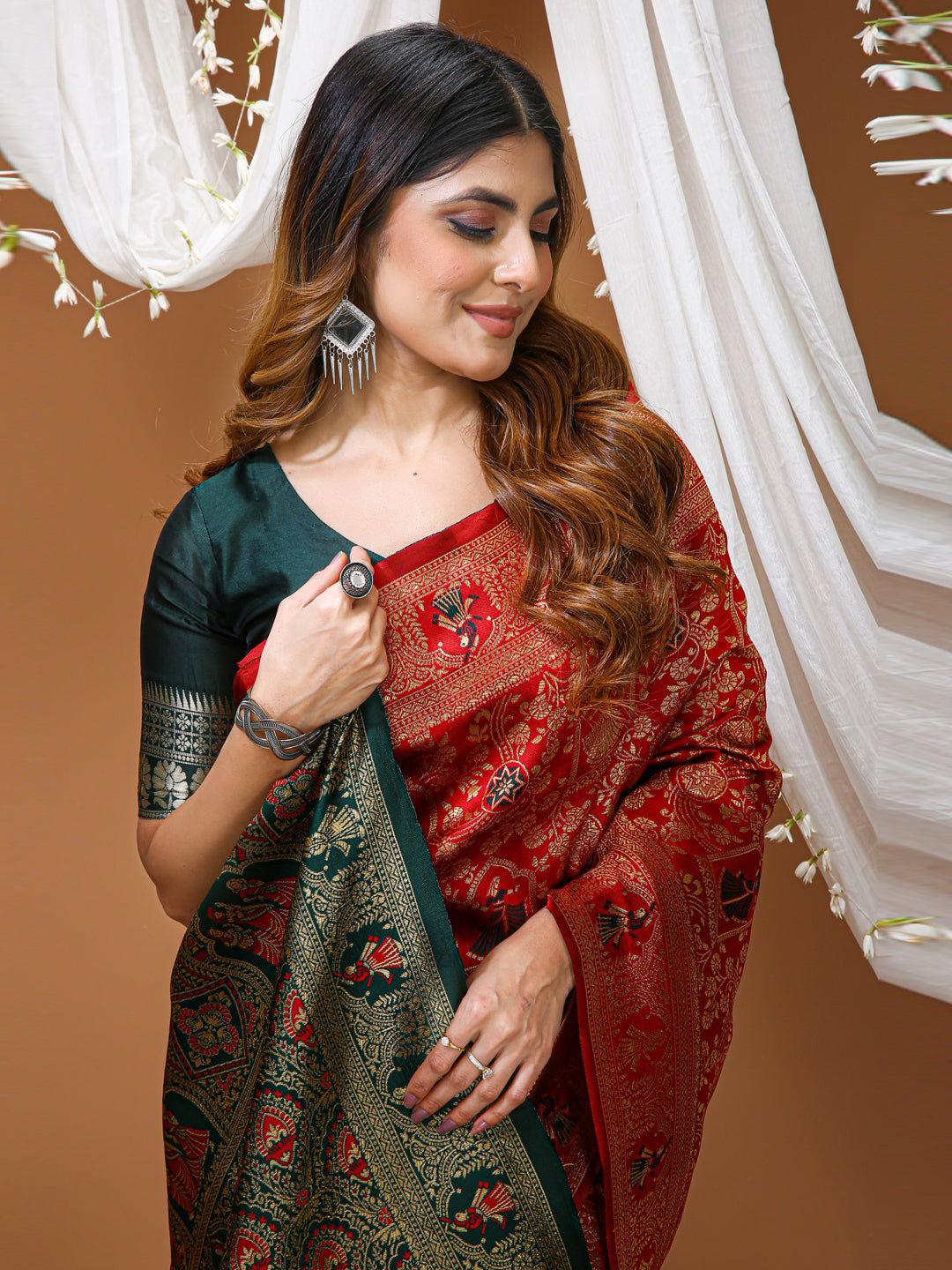 Red Lichi Silk Jacquard Weaving Saree with Contrast Blouse