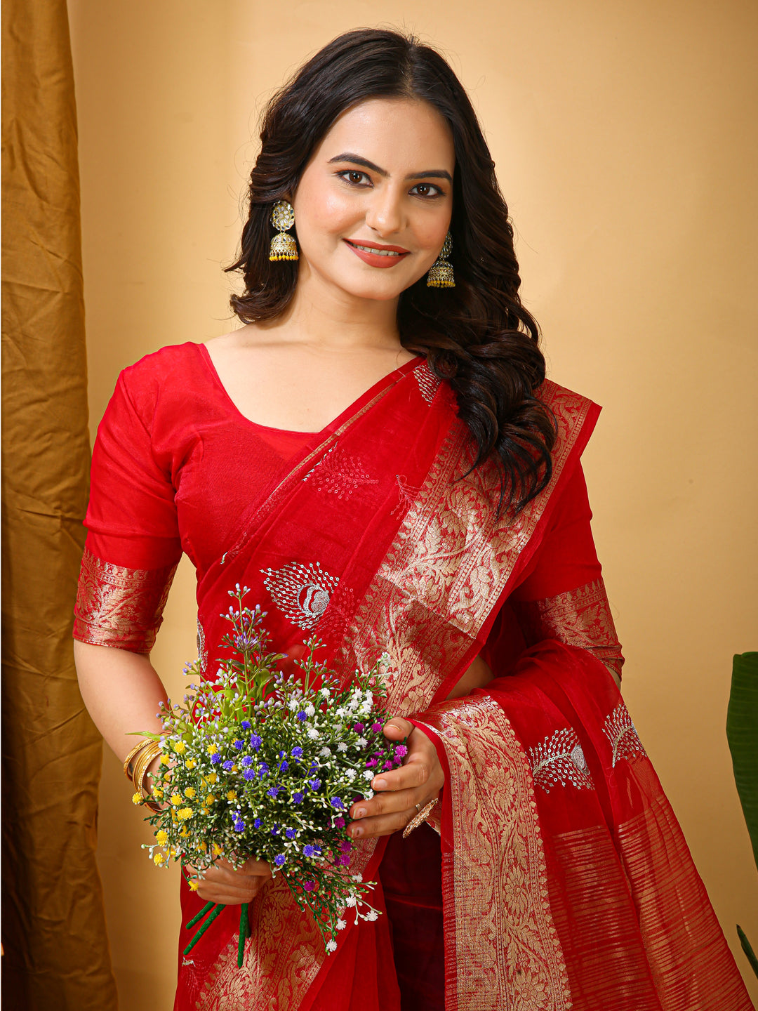 Red Organza Multi-Sequence Saree with Raw Silk Blouse