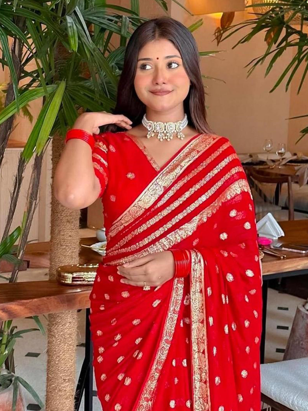 Red Viscose Georgette Saree with Jacquard Border