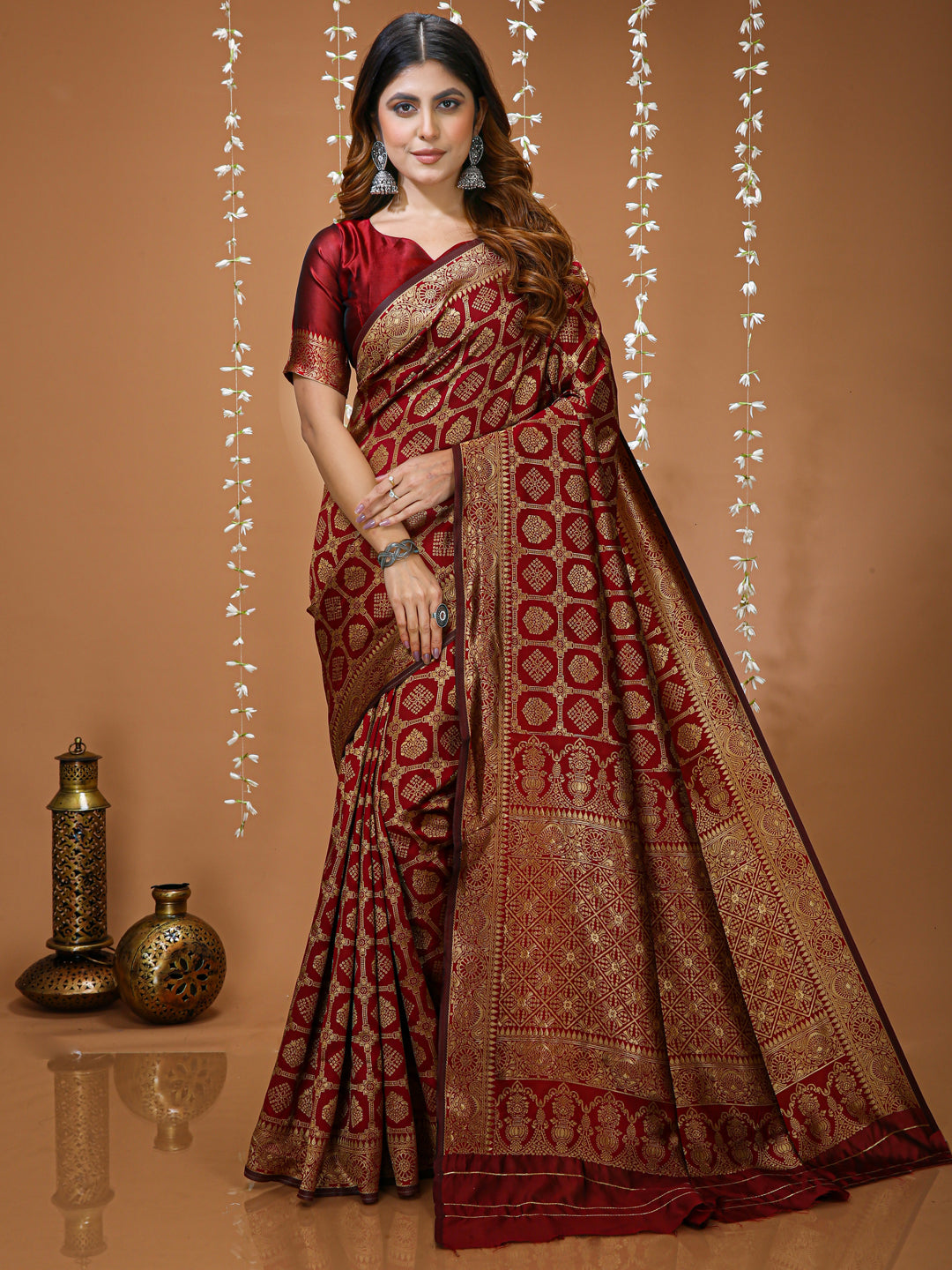 Maroon Lichi Silk Saree with Rich Jacquard Pallu