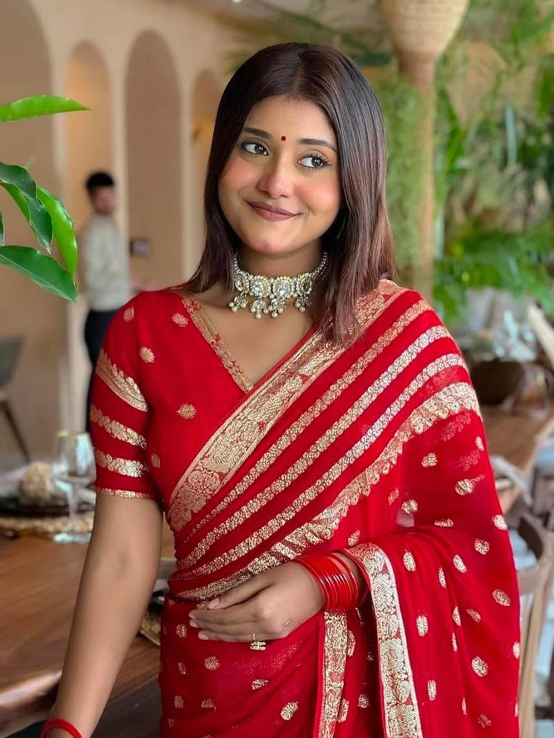 Red Viscose Georgette Saree with Jacquard Border