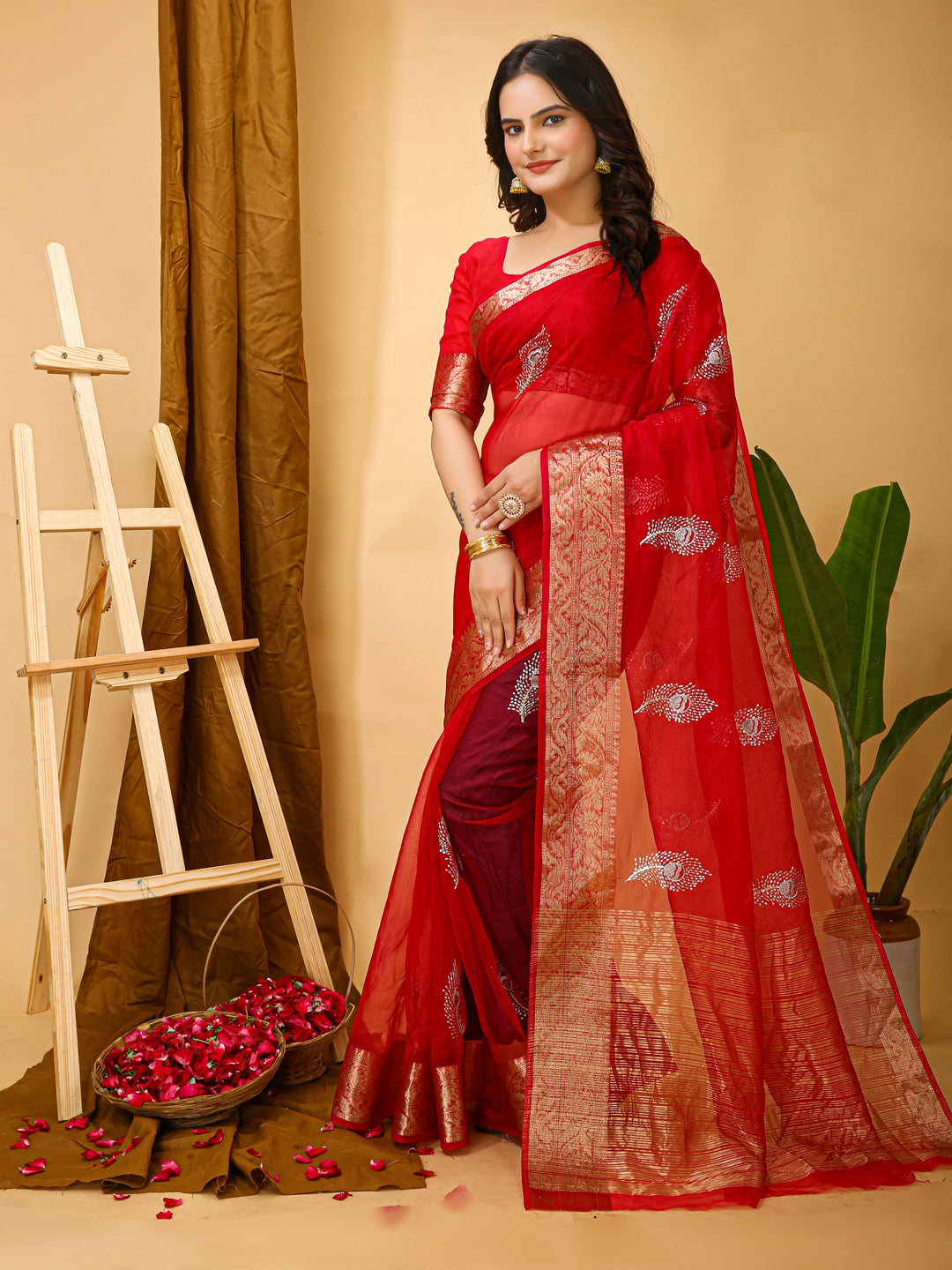 Red Organza Multi-Sequence Saree with Raw Silk Blouse