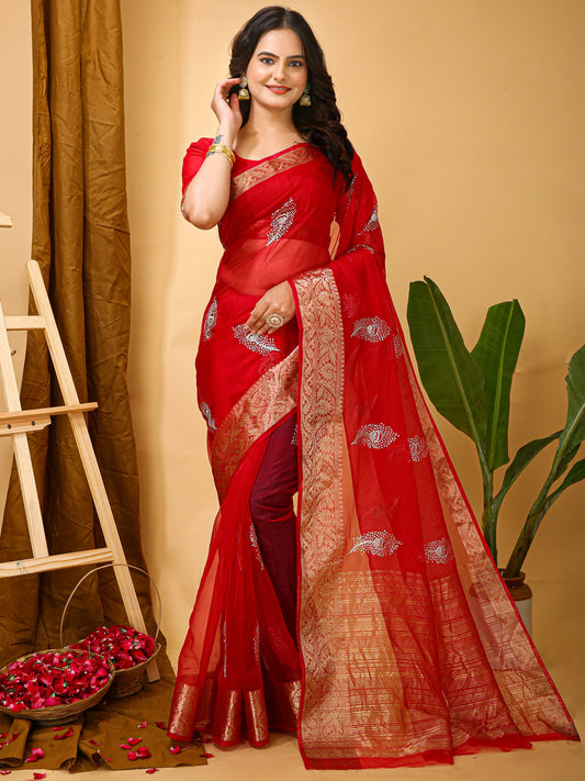 Red Organza Multi-Sequence Saree with Raw Silk Blouse