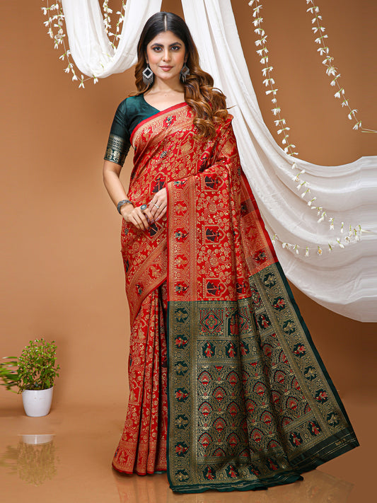 Red Lichi Silk Jacquard Weaving Saree with Contrast Blouse