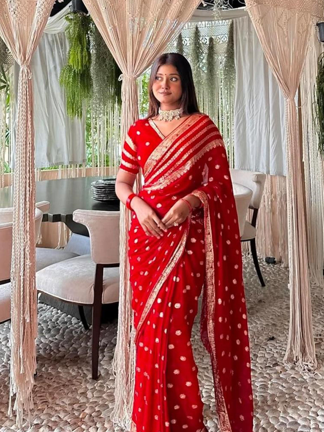 Red Viscose Georgette Saree with Jacquard Border