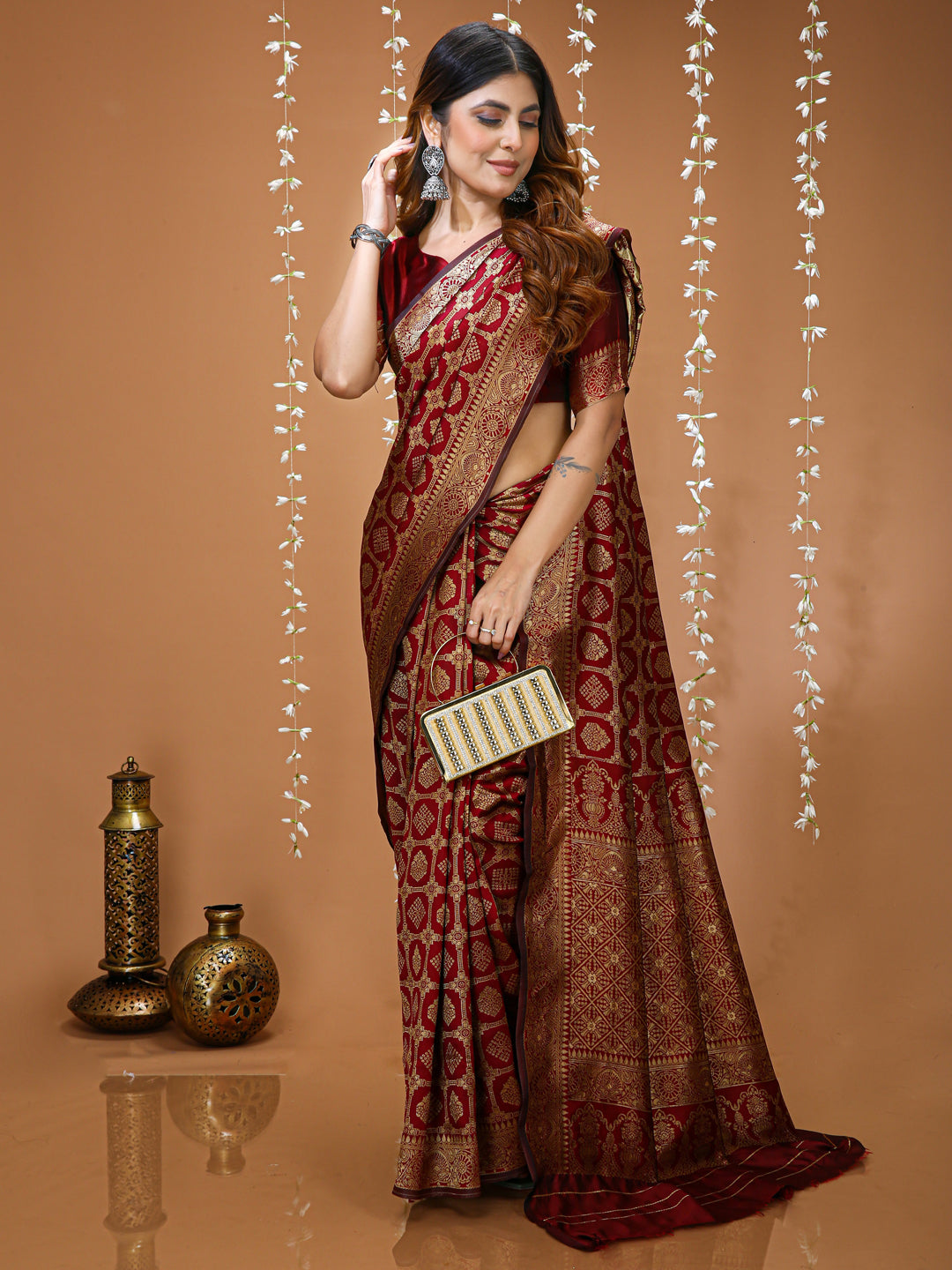 Maroon Lichi Silk Saree with Rich Jacquard Pallu