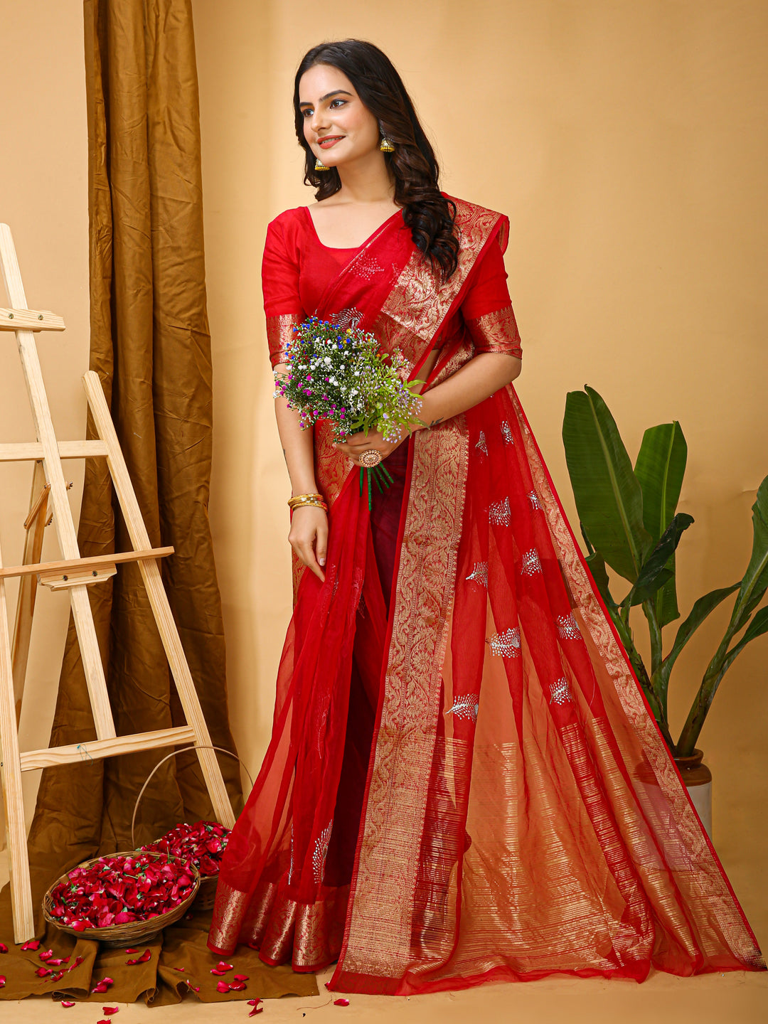 Red Organza Multi-Sequence Saree with Raw Silk Blouse