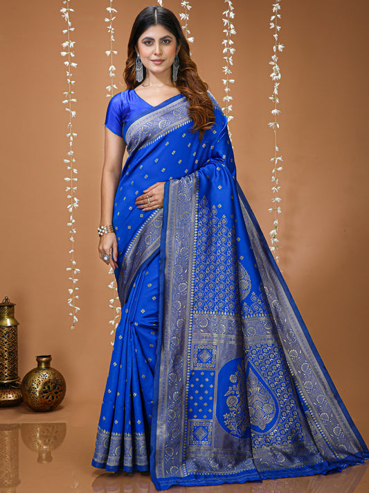 Royal Blue Lichi Silk Saree with Elegant Butta Work & Rich Pallu