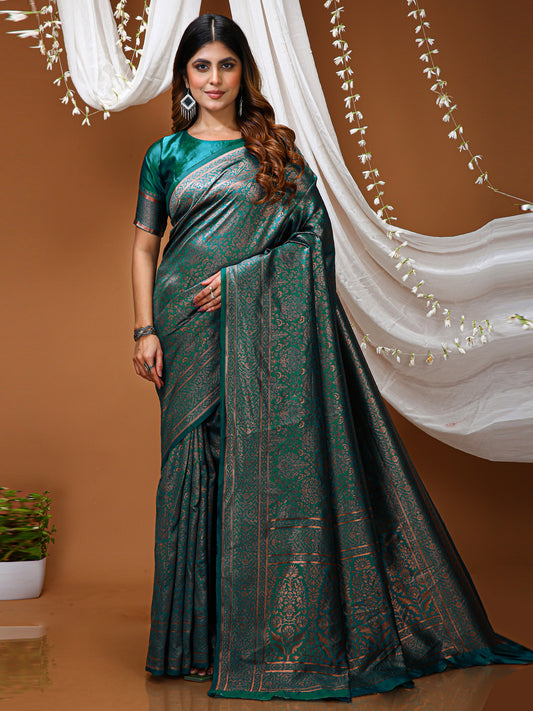Green Kanchipuram Lichi Silk Saree with Jacquard Border Blouse