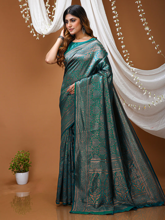 Green Kanchipuram Lichi Silk Saree with Jacquard Border Blouse