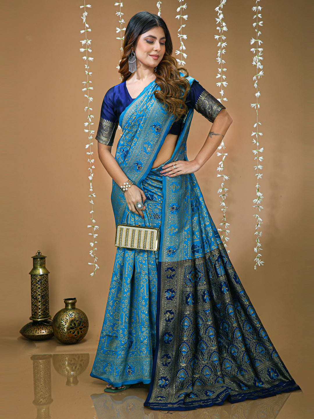 Blue Kanchipuram Style Lichi Silk Saree With Jacquard Work