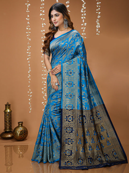 Blue Lichi Silk Jacquard Weaving Saree with Contrast Blouse