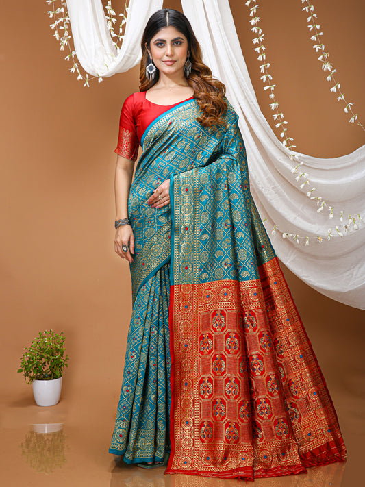 Teal Blue Soft Lichi Silk Saree with Rich Pallu & Jacquard Border