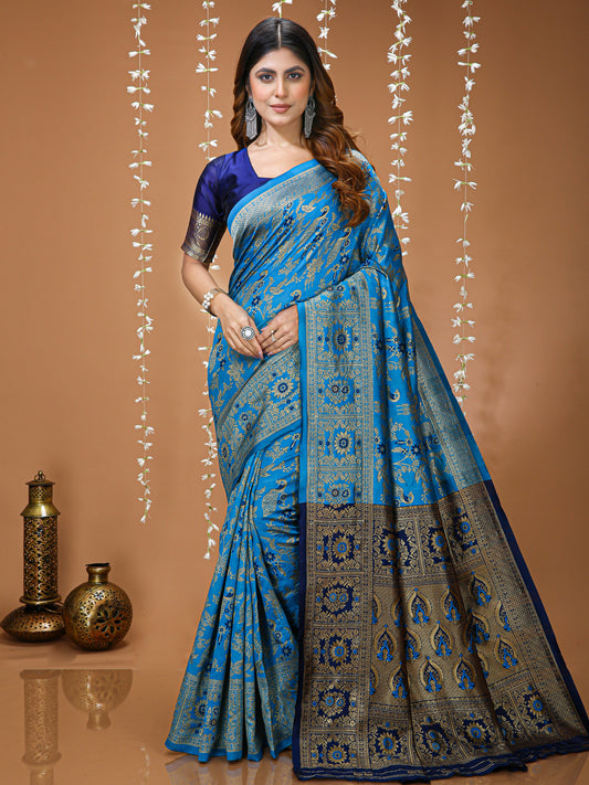 Blue Lichi Silk Jacquard Weaving Saree with Contrast Blouse