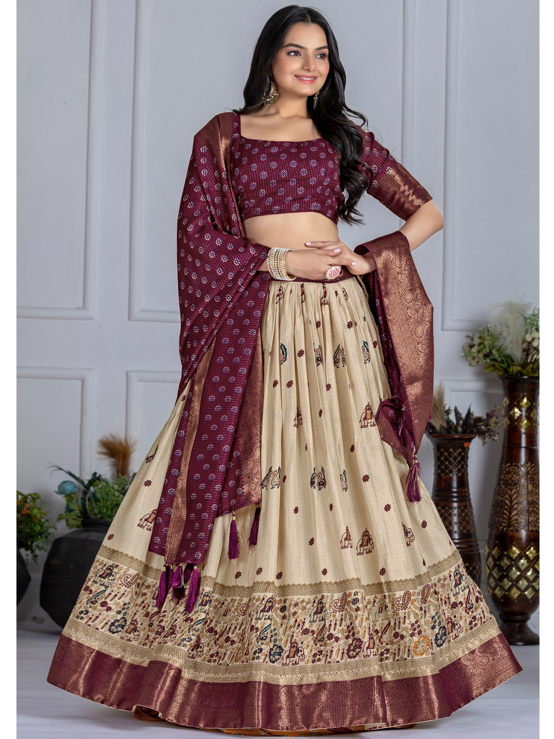 Heavy Lichi Silk Jacquard Lehenga Choli with Jari Lining & Matching Dupatta