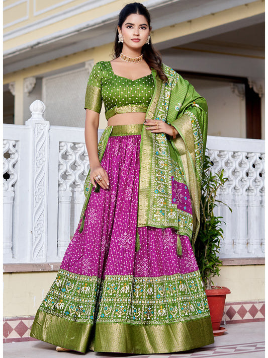 Wine Lichi Silk Printed Lehenga Choli Set