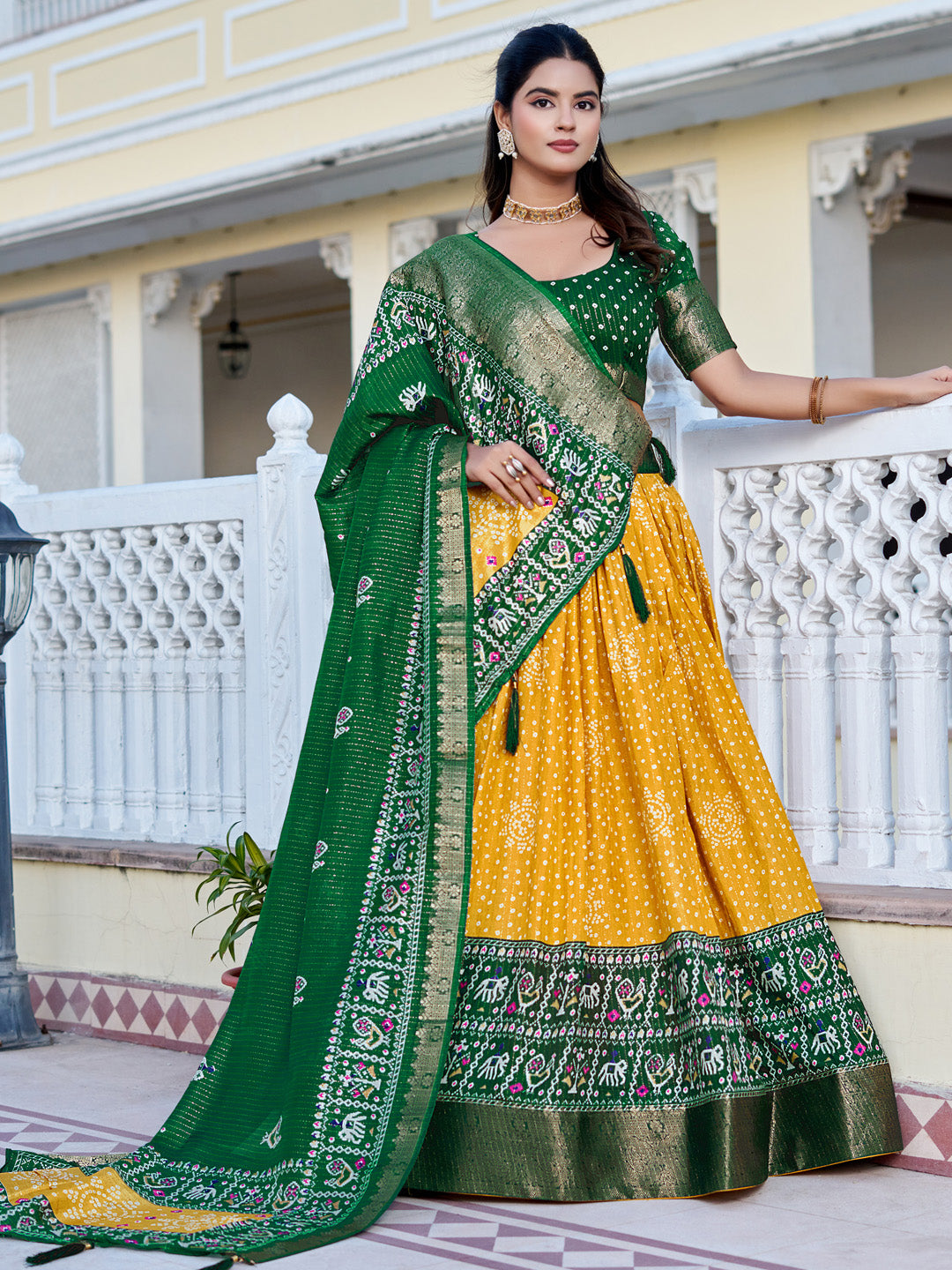 Yellow Lichi Silk Printed Lehenga Choli Set