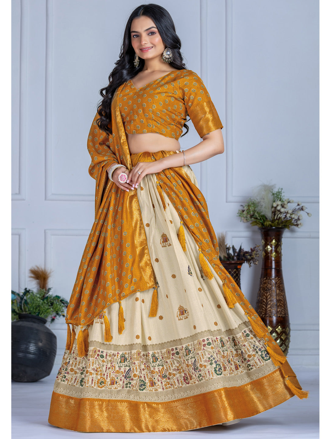 Heavy Lichi Silk Jacquard Lehenga Choli with Jari Lining & Matching Dupatta
