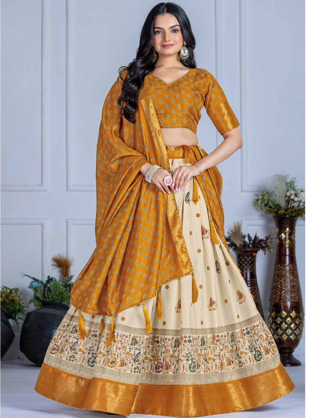 Heavy Lichi Silk Jacquard Lehenga Choli with Jari Lining & Matching Dupatta