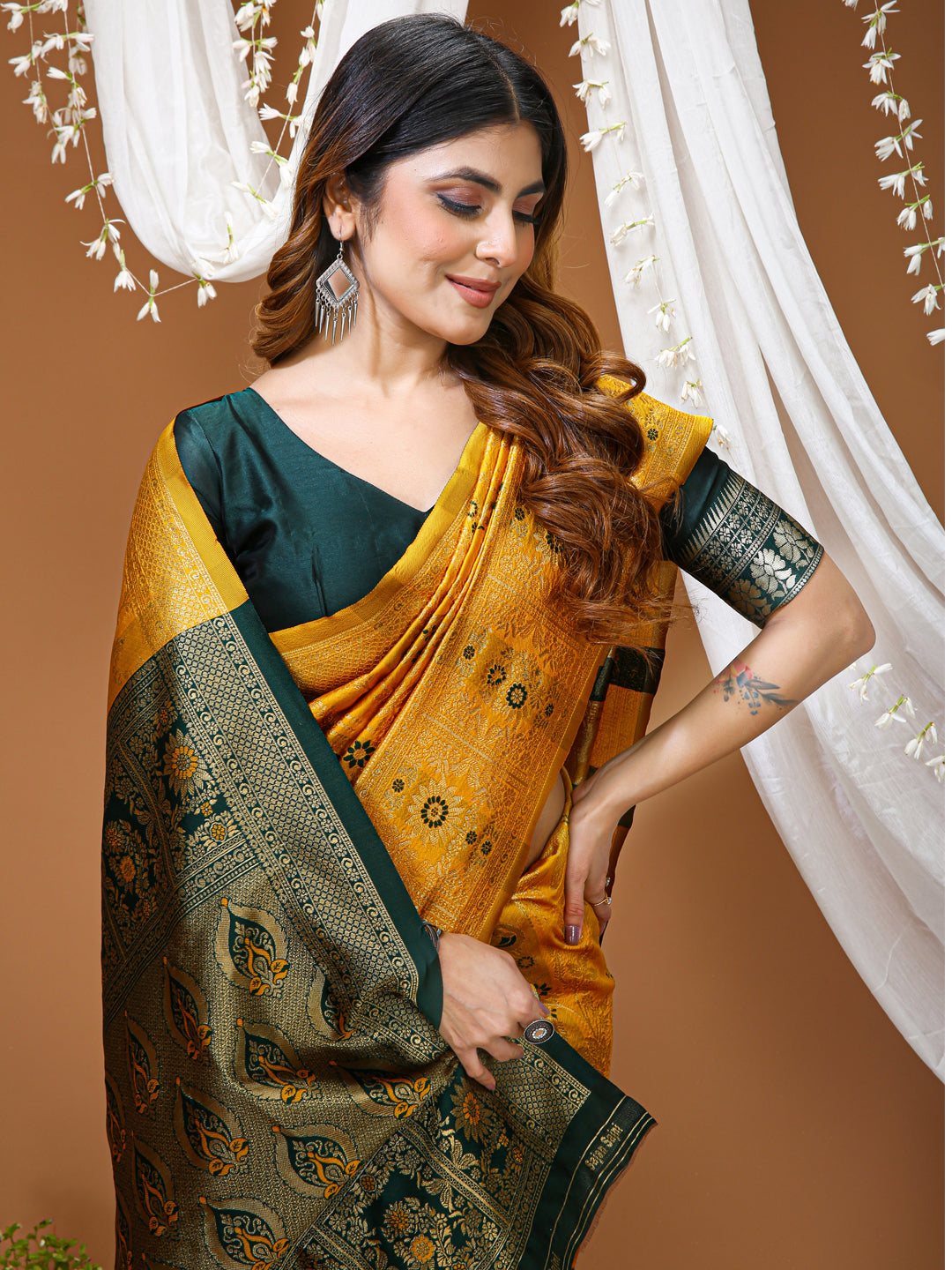 Musturd Yellow Lichi Silk Jacquard Weaving Saree with Contrast Blouse