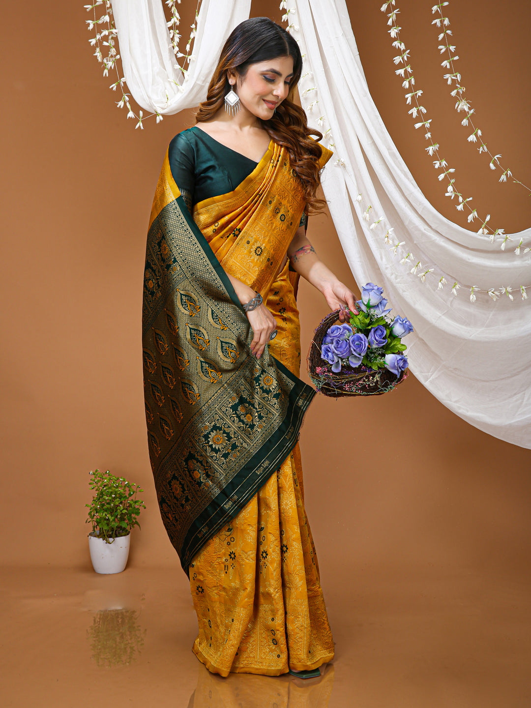 Musturd Yellow Lichi Silk Jacquard Weaving Saree with Contrast Blouse