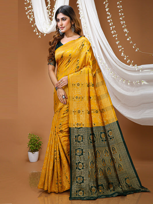 Musturd Yellow Lichi Silk Jacquard Weaving Saree with Contrast Blouse